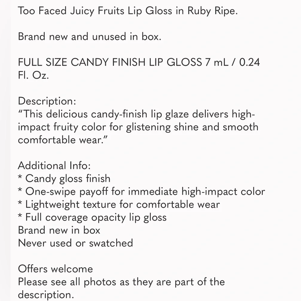 Too Faced Tutti Frutti Juicy Fruits Comfort Lip Gloss NWT in Ruby Ripe